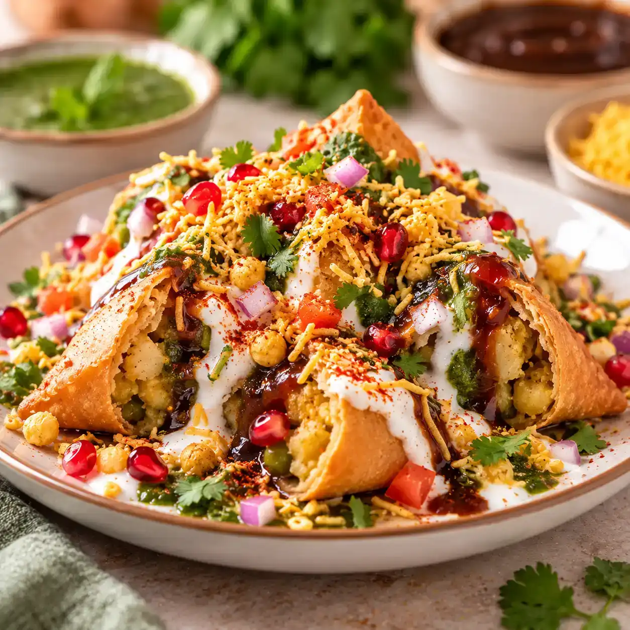 Samosa Chat — Crispy samosas are broken and topped with a vibrant medley of cool at Apna Bazar - Eatery